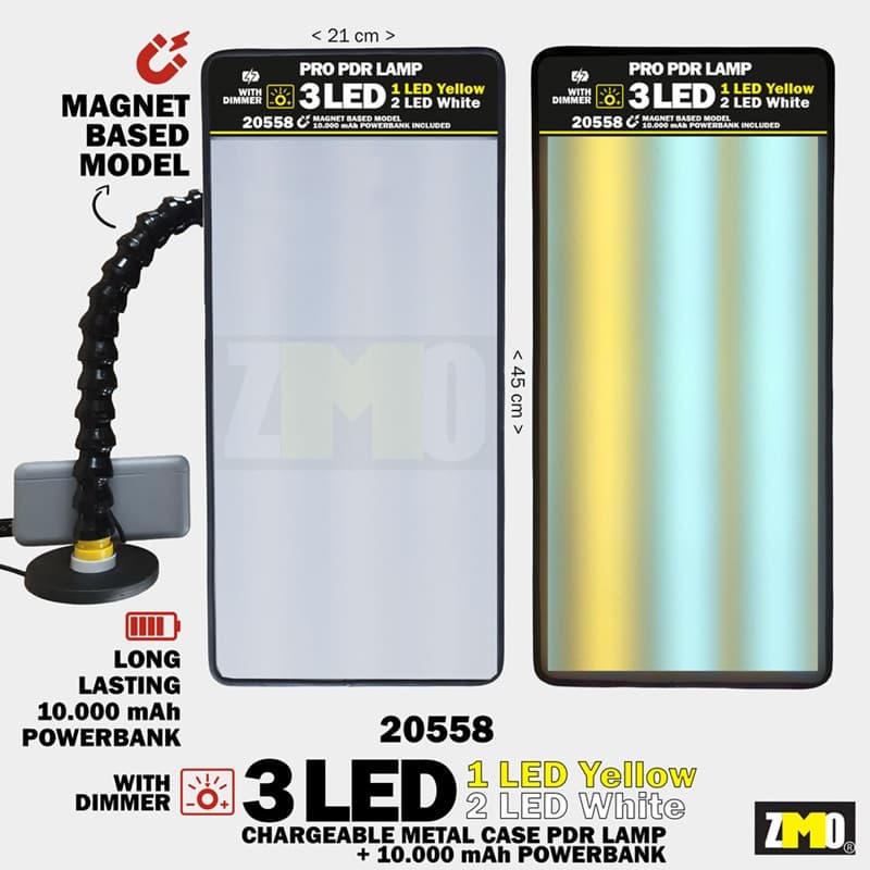 PDR Lamba Mıknatıslı 3 LED Şarjlı (+10.000 mAh Powerbank Dahil) (Metal Kasa)